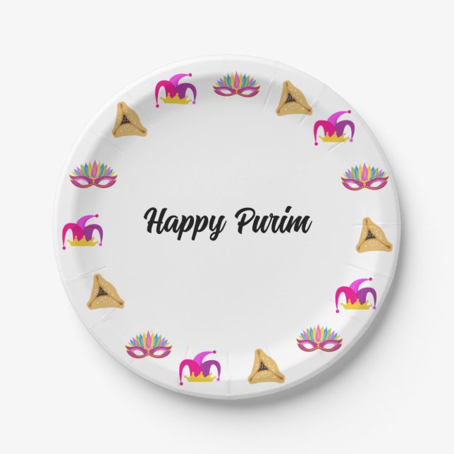 Purim Masquerade Hat and Hamentashen Paper Plate (Front)