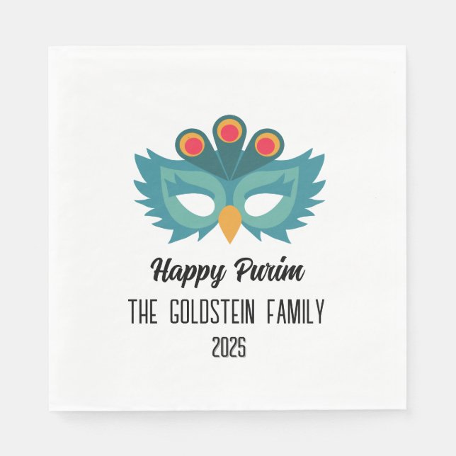 Purim owl mask masquerade costume Family Name Napkin (Front)