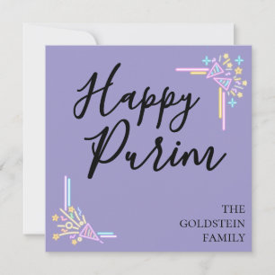 Purim Purple Neon Party Hat Mishloach Manot Name Holiday Card