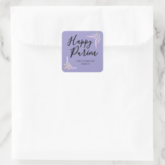 Purim Purple Neon Party Hat Mishloach Manot Name Square Sticker