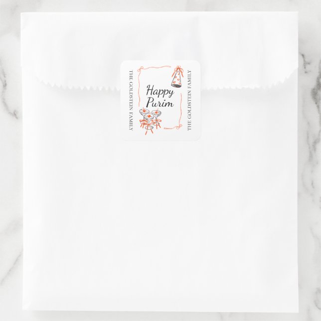 Purim Red Bows Part Hat Drinks Mishloach Manot  Square Sticker (Bag)