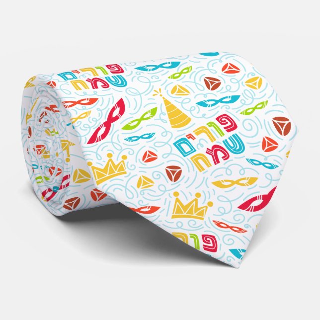 Purim Tie with Hebrew "Happy Purim" Text (Rolled)