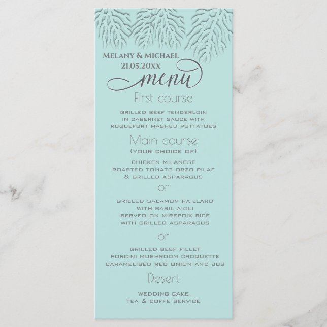 Purist blue embossed romantic coral calligraphy menu (Front)