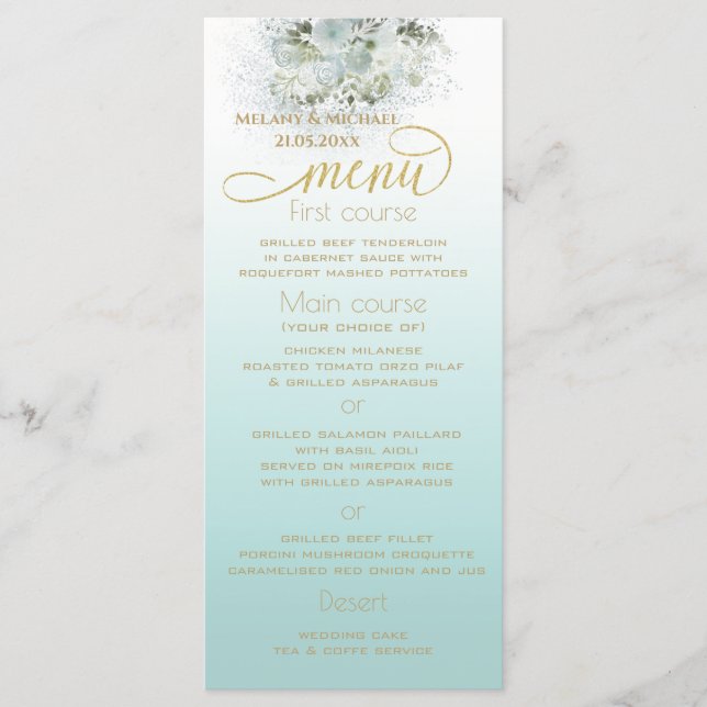 Purist blue ombre romantic floral gold calligraphy menu (Front)