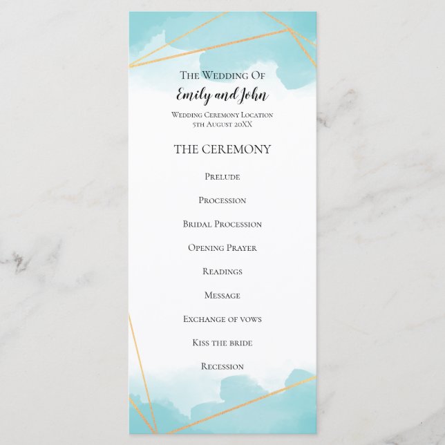 Purist Blue Watercolor Gold Geometric Line Wedding Programme (Front)