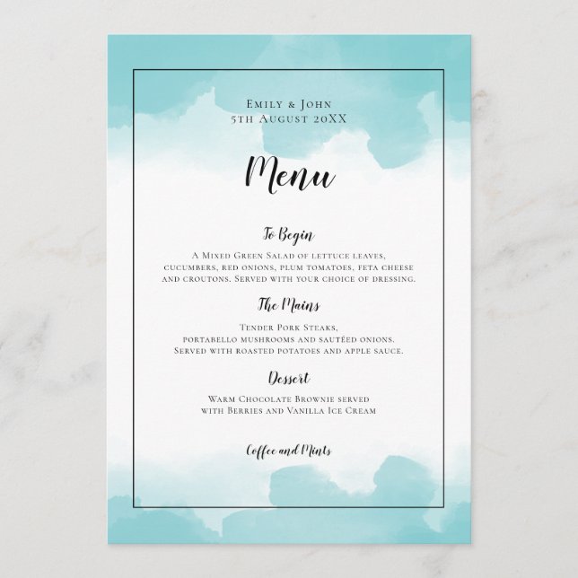 Purist Blue Watercolors Black Script Wedding Menu (Front)