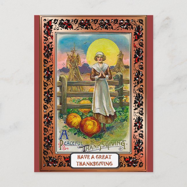 Puritan and pumpkins holiday postcard (Front)