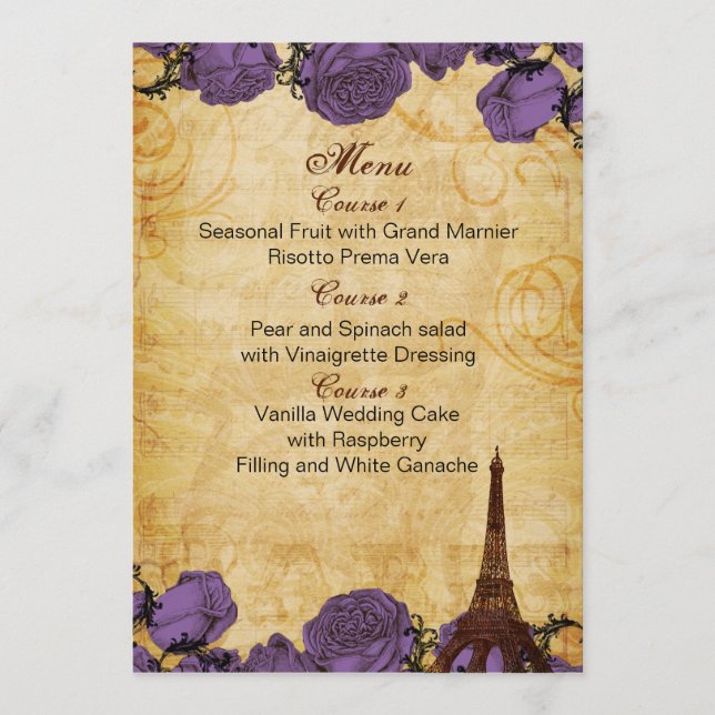purp vintage eiffel tower Paris wedding menu cards (Front)