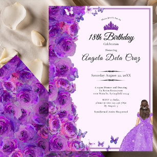 Purple 18th Birthday Roses and Dress Debut Invitation