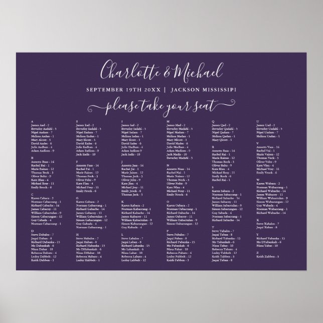 Purple 200 Names Wedding Seating Chart (Front)