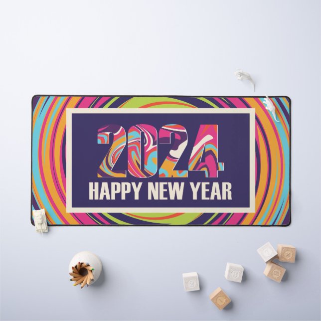 Purple 2024 Happy New Year Colourful Artsy Swirl  Desk Mat (Kids Table)