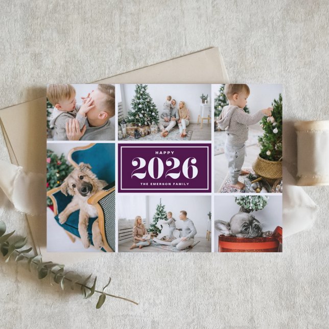 Purple 2025 Happy New Year Photo Collage Holiday Card (Send 2026 new year cheer with this customizable purple photo collage Happy New Year Card. )