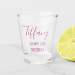 Purple 21st birthday shot glass<br><div class="desc">Spend time with friends as you celebrate your 21st birthday.  This lovely shot glass features your name written in purple cursive ink with "Happy 21st birthday" printed underneath in matching colours.  Easy to customise,  personalise yours today!</div>