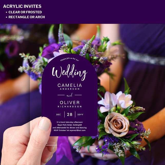 Purple 2 Acrylic Wedding Invites White Text Modern Invitations (Creator Uploaded)
