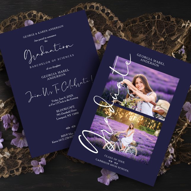 Purple 2 Photos Exquisite Calligraphy Graduation Invitation (Purple 2 Photos Modern Exquisite Calligraphy Graduation Invitation Card with Envelope.)
