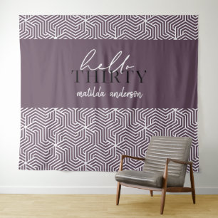 Purple 30th birthday party geometric script tapestry