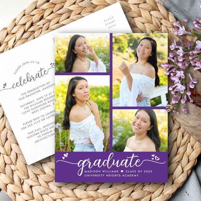 Purple  4 Photo Graduation Modern Script Hearts Invitation Postcard (Creator Uploaded)