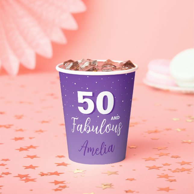 Purple 50 and Fabulous 50th Birthday Party Paper Cups (Insitu)