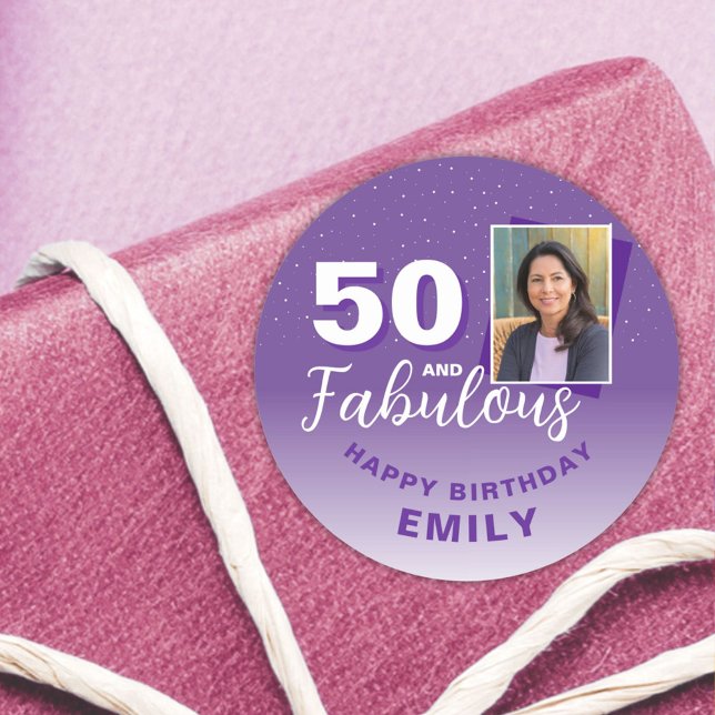 Purple 50 and Fabulous 50th Birthday Photo Classic Round Sticker (Creator Uploaded)