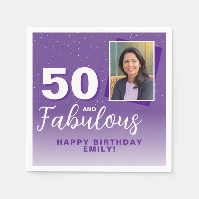 Purple 50 and Fabulous 50th Birthday Photo Napkin (Front)