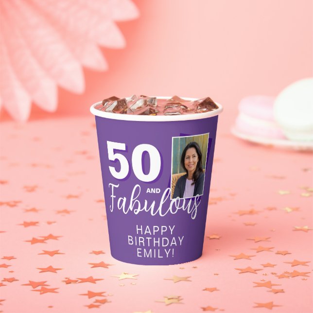 Purple 50 and Fabulous 50th Birthday Photo Paper Cups (Insitu)