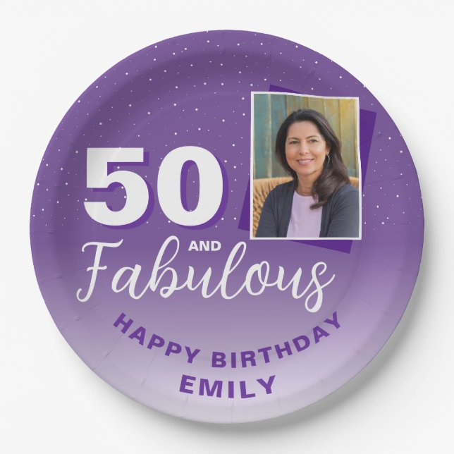 Purple 50 and Fabulous 50th Birthday Photo Paper Plate (Front)