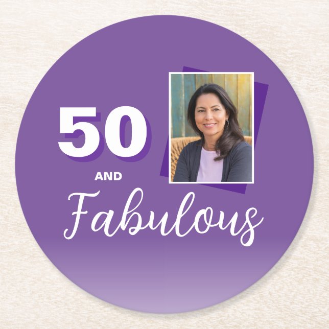 Purple 50 and Fabulous 50th Birthday Photo Round Paper Coaster (Front)