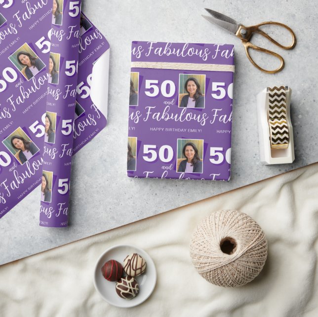 Purple 50 and Fabulous 50th Birthday Photo Wrapping Paper (Crafts)