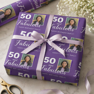 Purple 50 and Fabulous 50th Birthday Photo Wrapping Paper