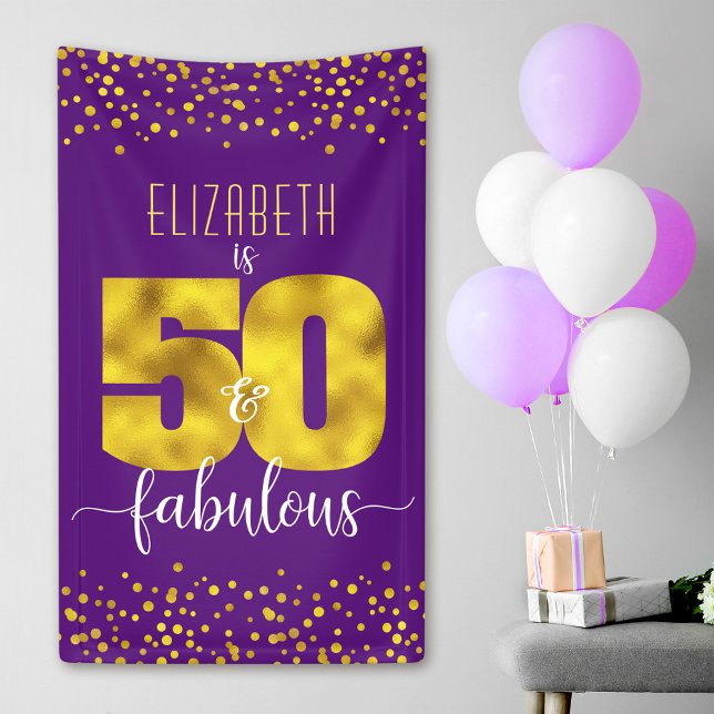 Purple 50 and fabulous birthday gold foil confetti banner (Creator Uploaded)