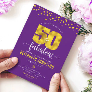 Purple 50 and fabulous birthday gold glam dots invitation