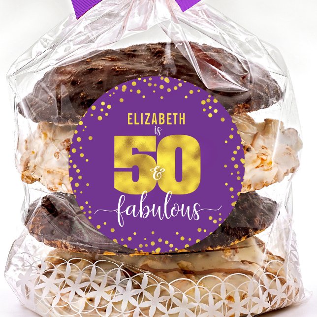 Purple 50 and Fabulous Birthday Gold Glitter Dots Classic Round Sticker (Creator Uploaded)