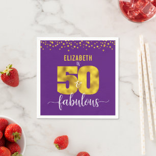 Purple 50 fabulous birthday gold confetti dots napkin