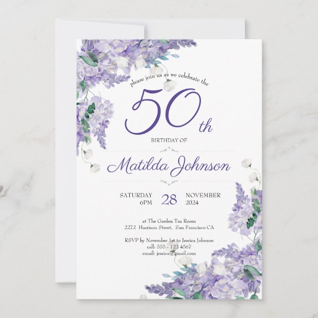 Purple 50th Birthday Floral Wisteria Watercolor  Invitation (Front)