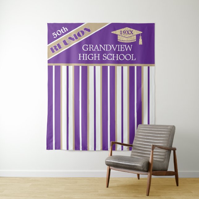 Purple 50TH Class Reunion Photo Backdrop Tapestry (In Situ)