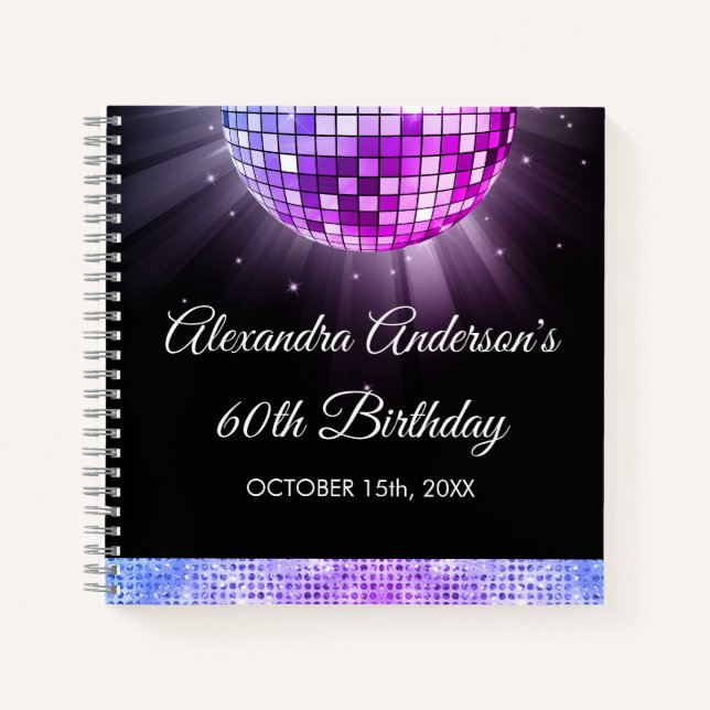 Purple 60th Birthday 70's Disco Ball Guest Book (Front)