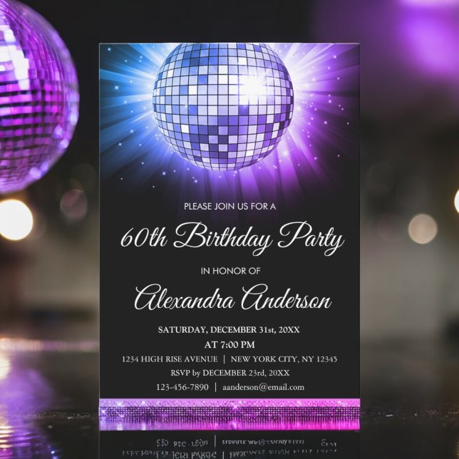 Purple 60th Birthday Party 70's Disco Ball Invitation (Creator Uploaded)