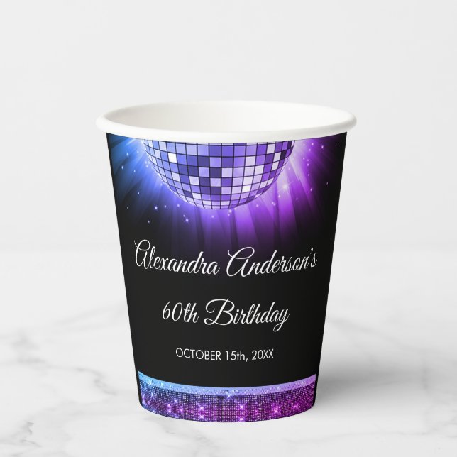 Purple 60th Birthday Party 70's Disco Ball Paper Cups (Front)