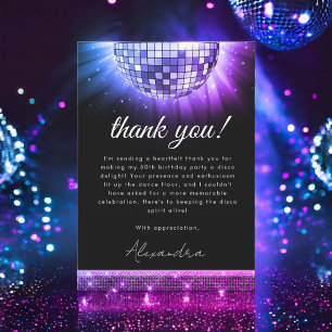 Purple 60th Birthday Party 70's Disco Ball Thank You Card