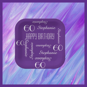 Purple, 60th Birthday Party Repeating Name Square Paper Plate