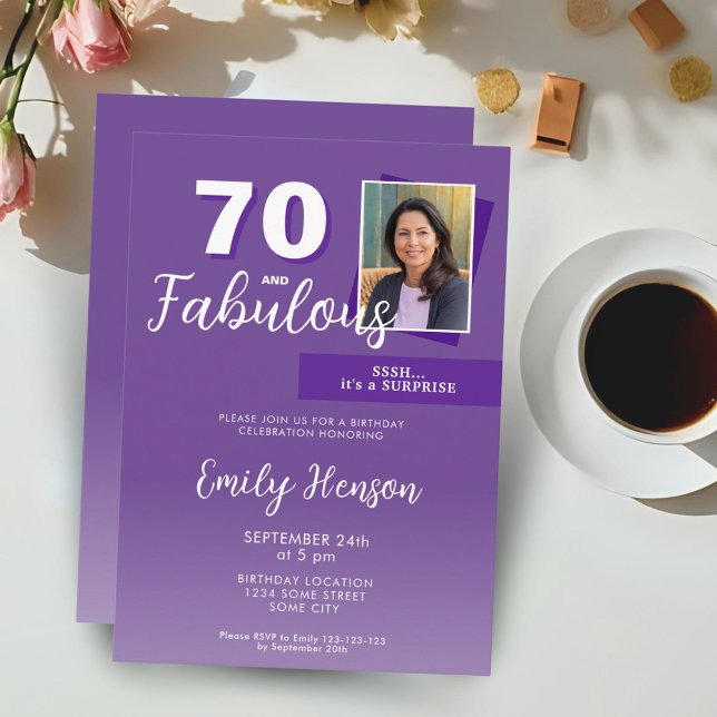 Purple 70 and Fabulous 70th Birthday Party Photo Invitation (Creator Uploaded)