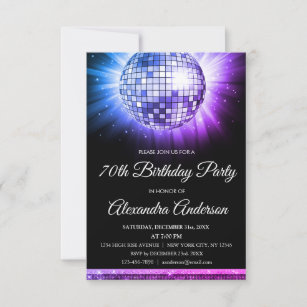 Purple 70th Birthday Party 70's Disco Ball Invitation