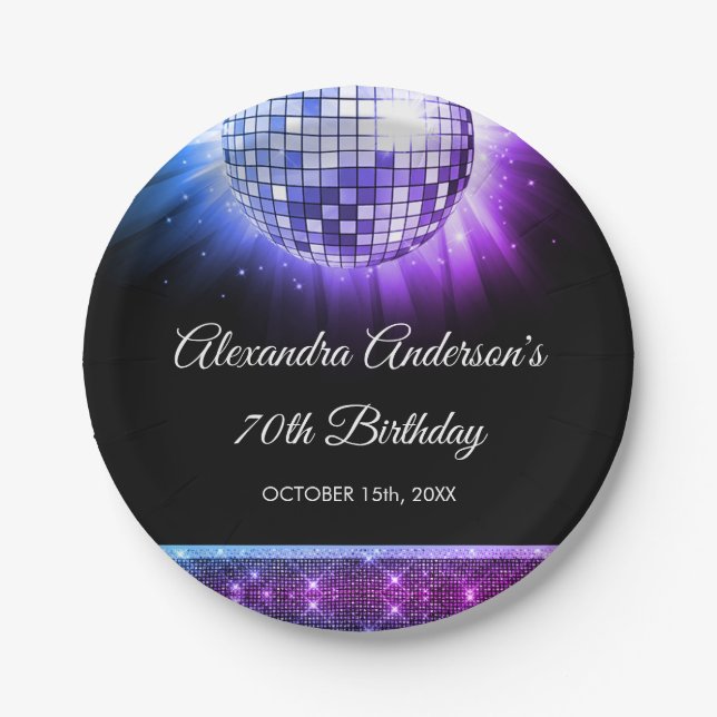 Purple 70th Birthday Party 70's Disco Ball Paper Plate (Front)