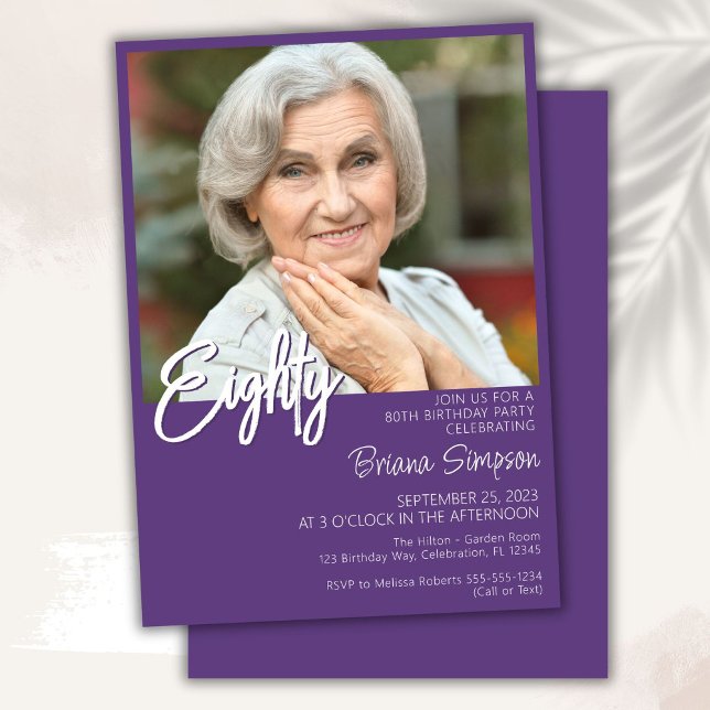 Purple 80th Birthday Photo Invitation (Creator Uploaded)