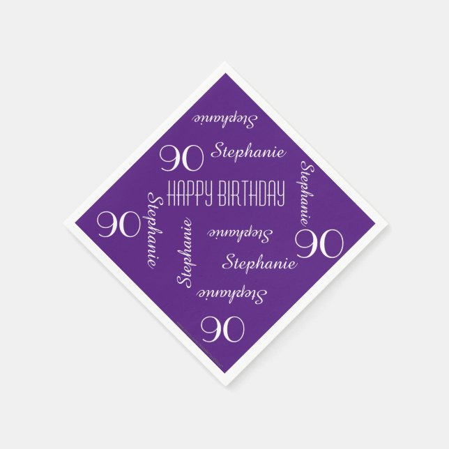 Purple, 90th Birthday Party Repeating Names Paper Napkin (Corner)