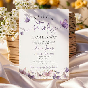 Purple A baby butterfly is on her way baby shower Invitation