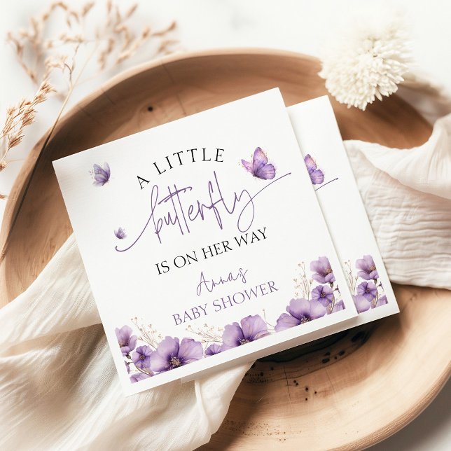 Purple A baby butterfly is on her way baby shower Napkin (Creator Uploaded)