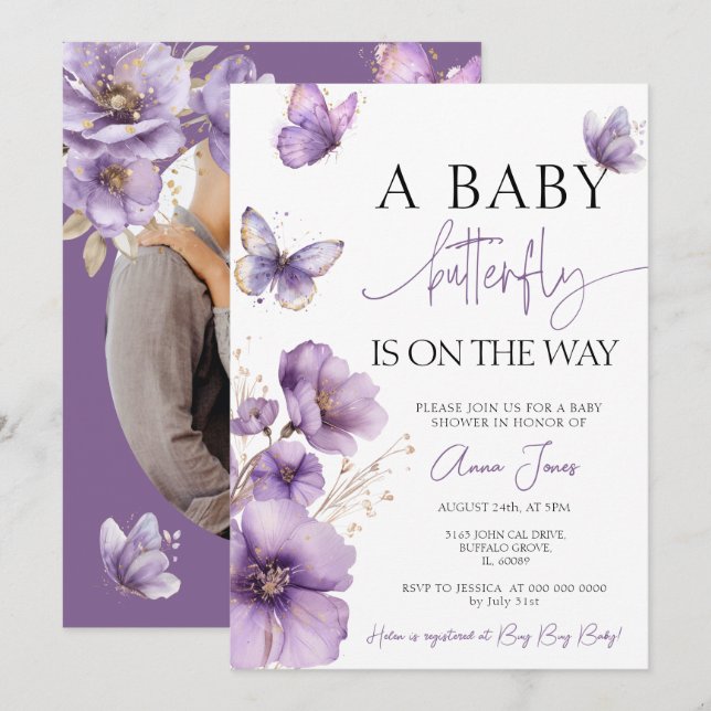Purple A baby butterfly is on the way baby shower Invitation (Front/Back)