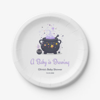 Purple A Baby is Brewing Halloween Baby Shower Paper Plate