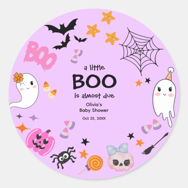 Purple A Little Boo Cute Halloween Baby Shower Classic Round Sticker (Front)